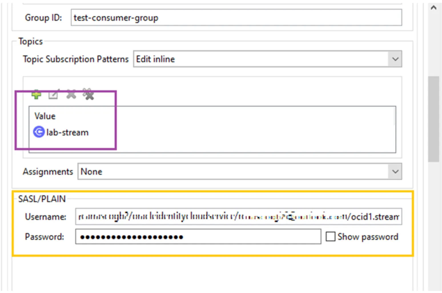 Kafka Consumer config showing the lab-stream topic and SASL/PLAIN username and password