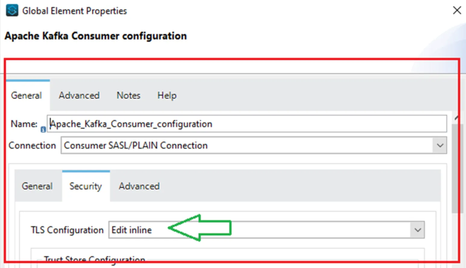 Kafka Consumer Security tab with TLS Configuration set to Edit inline to enable SSL