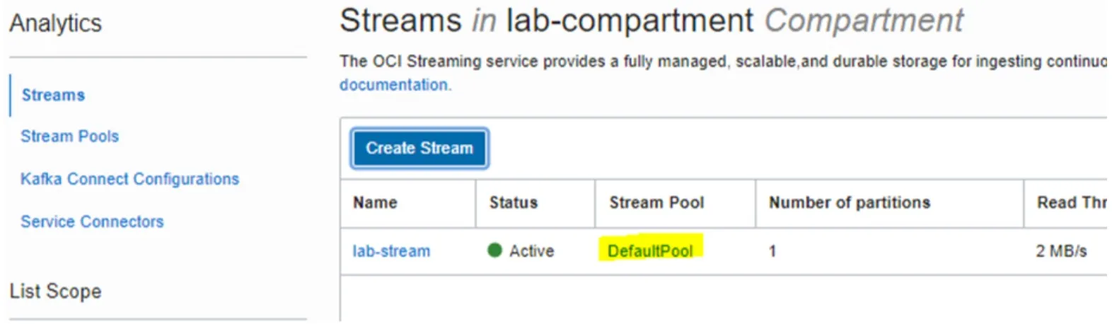OCI Streams list with the stream's DefaultPool stream pool highlighted