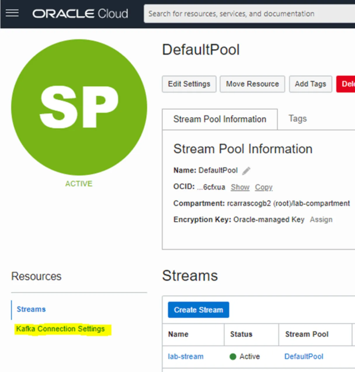 DefaultPool stream pool page with the Kafka Connection Settings link highlighted