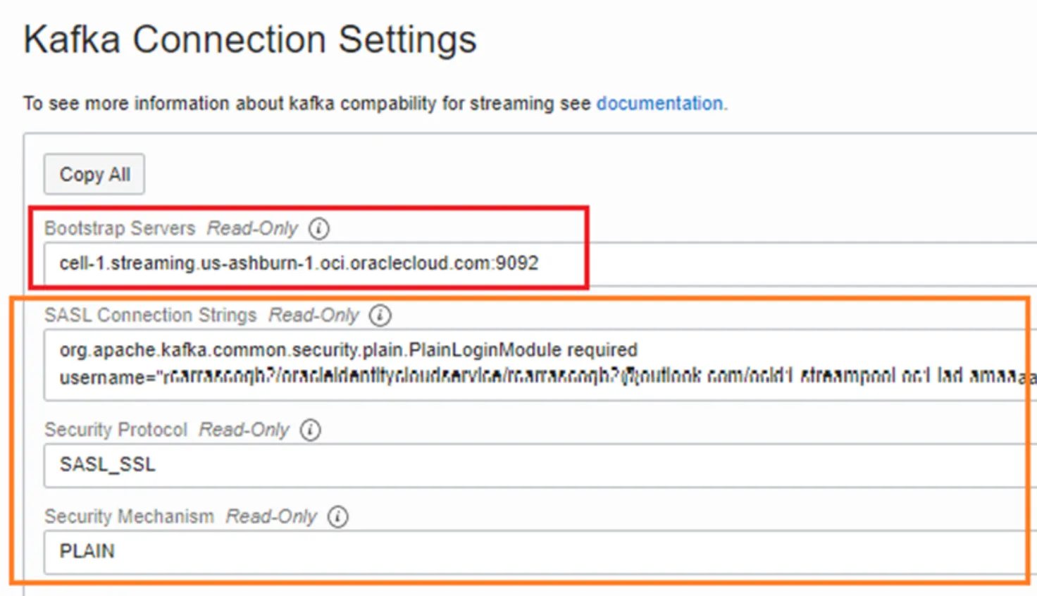 Kafka Connection Settings showing bootstrap server, SASL connection string, and SASL_SSL