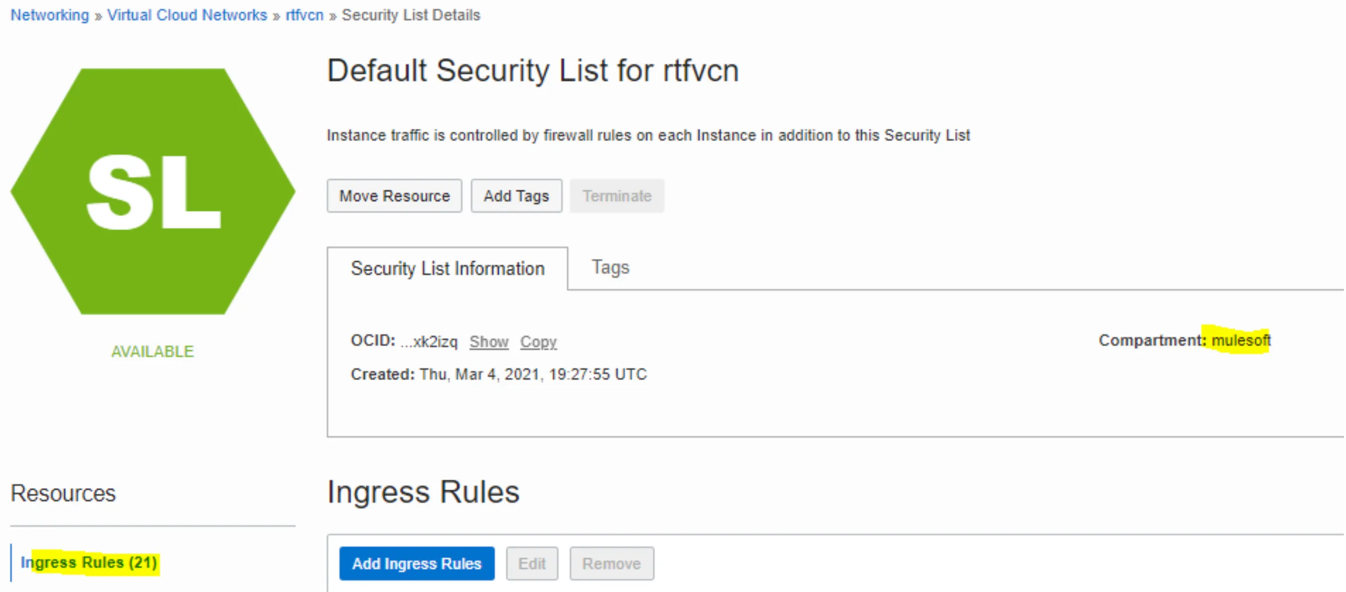 Default Security List for rtfvcn page showing 21 ingress rules