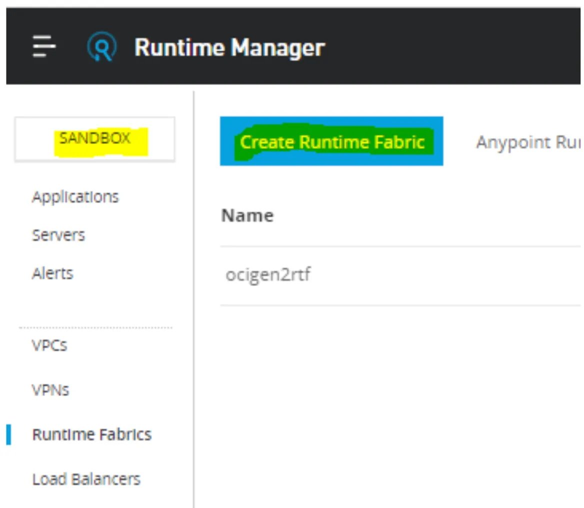 Runtime Manager Runtime Fabrics page with the Create Runtime Fabric button highlighted