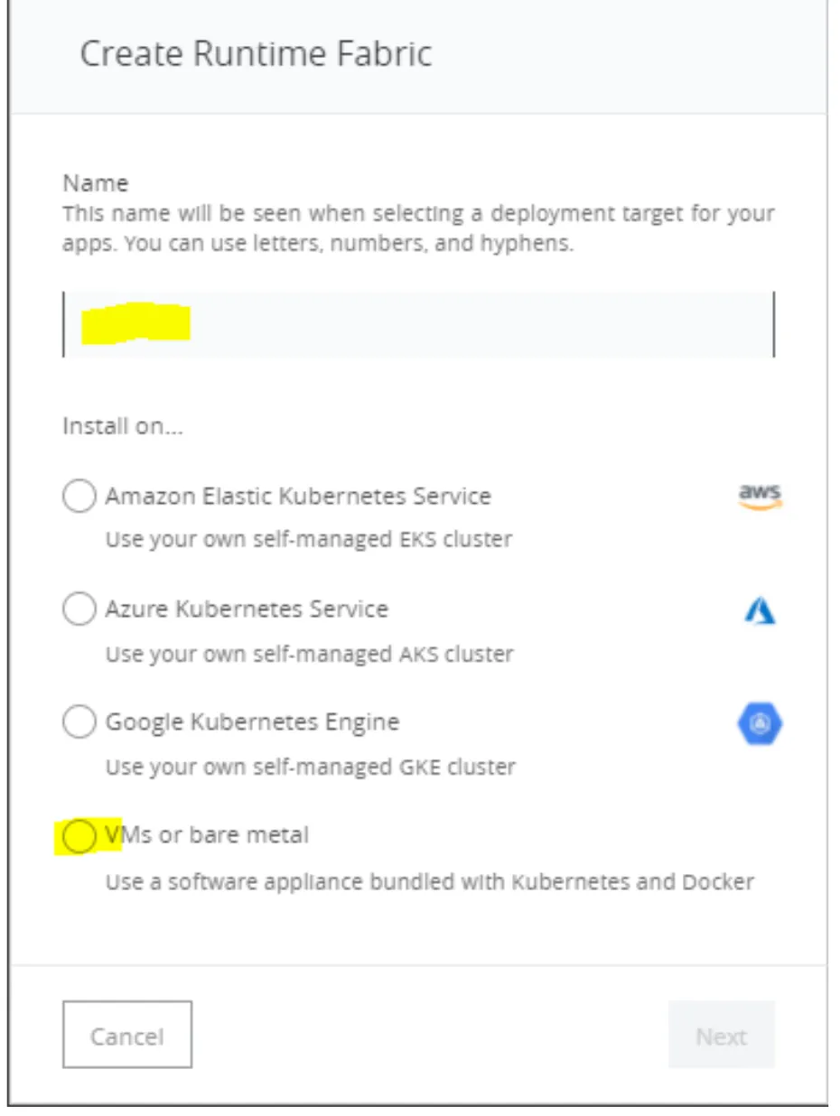 Create Runtime Fabric dialog with install targets and the VMs or bare metal option highlighted
