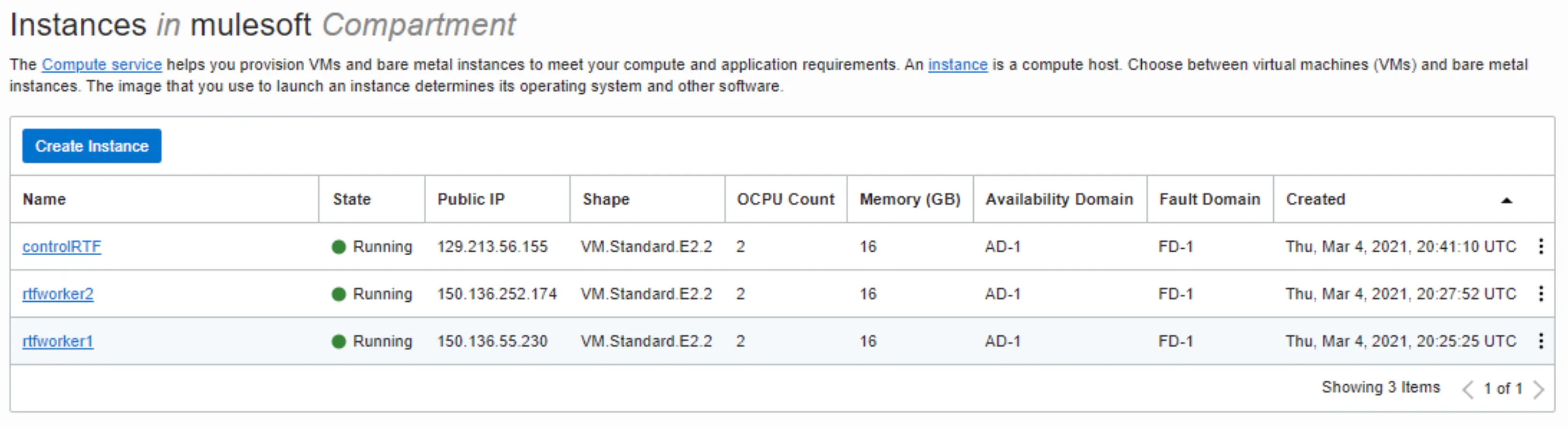 OCI Compute Instances list: controlRTF, rtfworker2 and rtfworker1 all running VM.Standard.E2.2