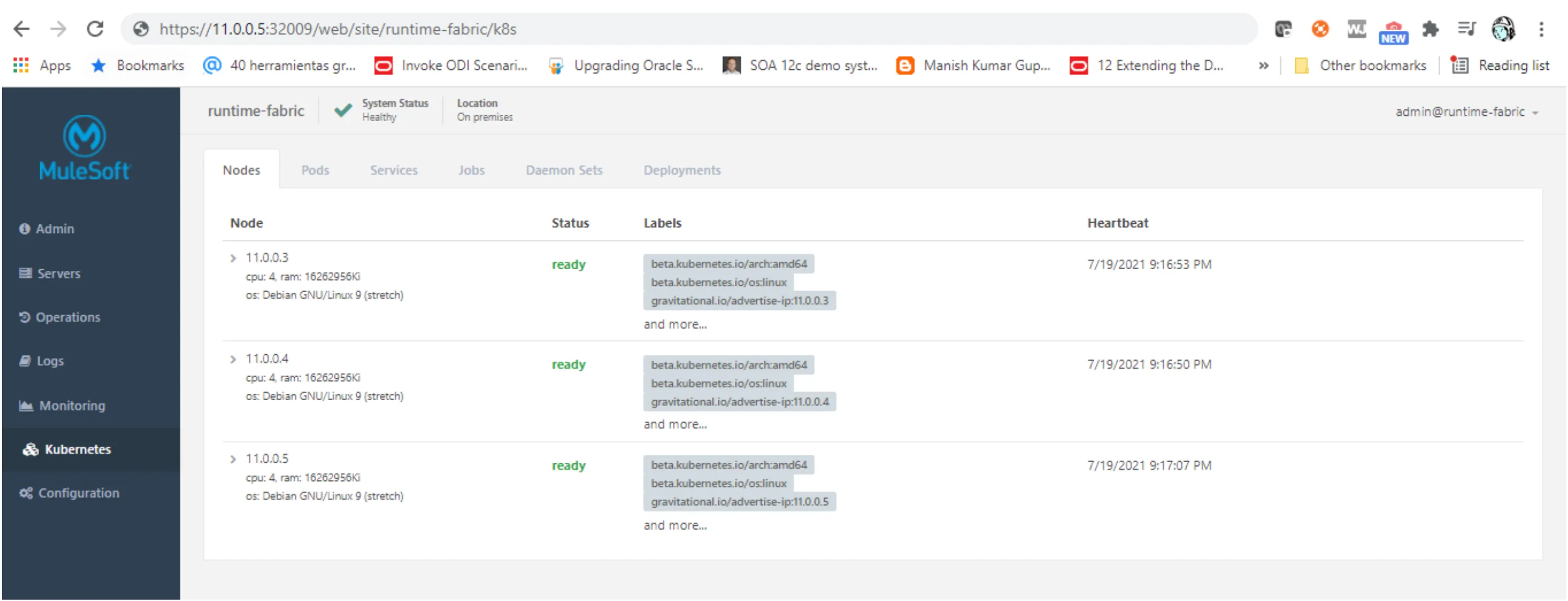 RTF Ops Center showing the three cluster nodes all in ready status