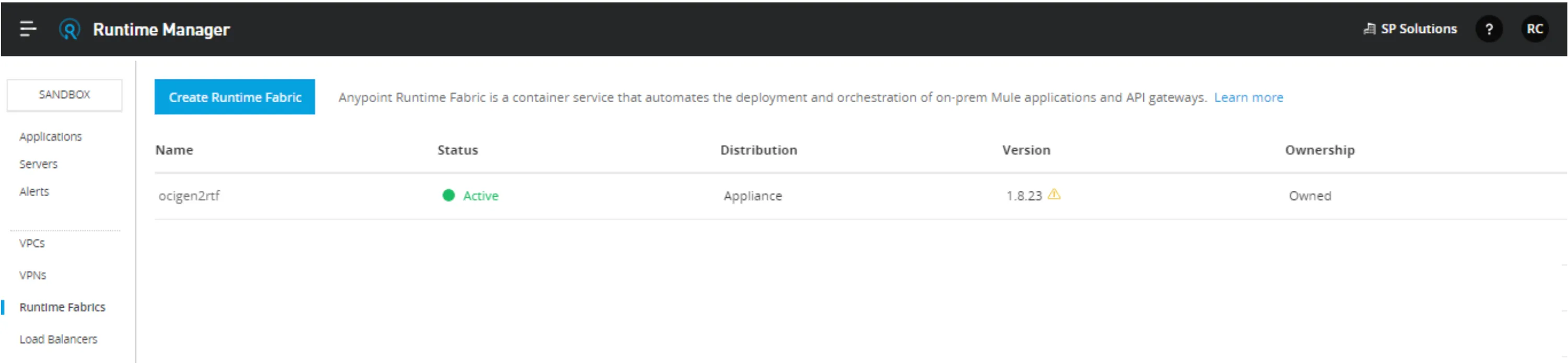 Runtime Manager listing the ocigen2rtf fabric as Active, Appliance distribution, version 1.8.23