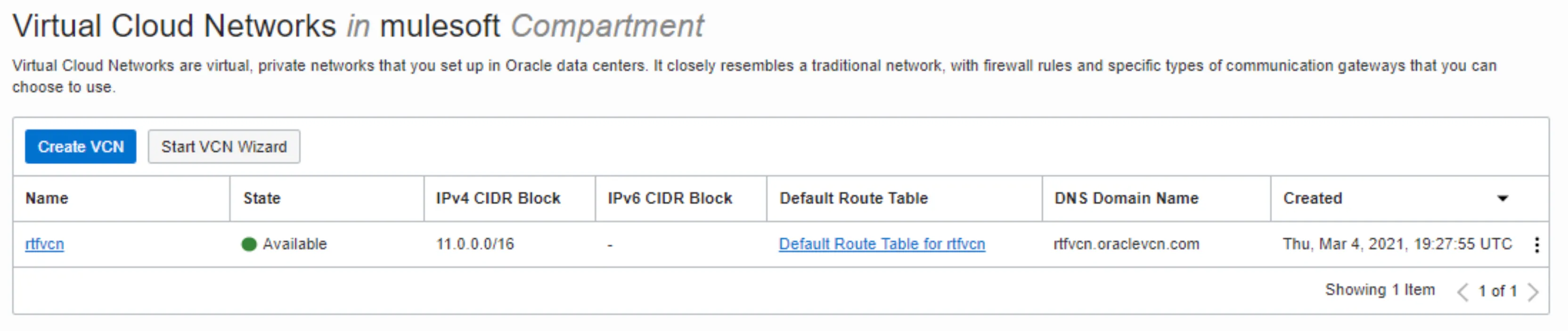 OCI Virtual Cloud Networks list showing the rtfvcn network with CIDR block 11.0.0.0/16