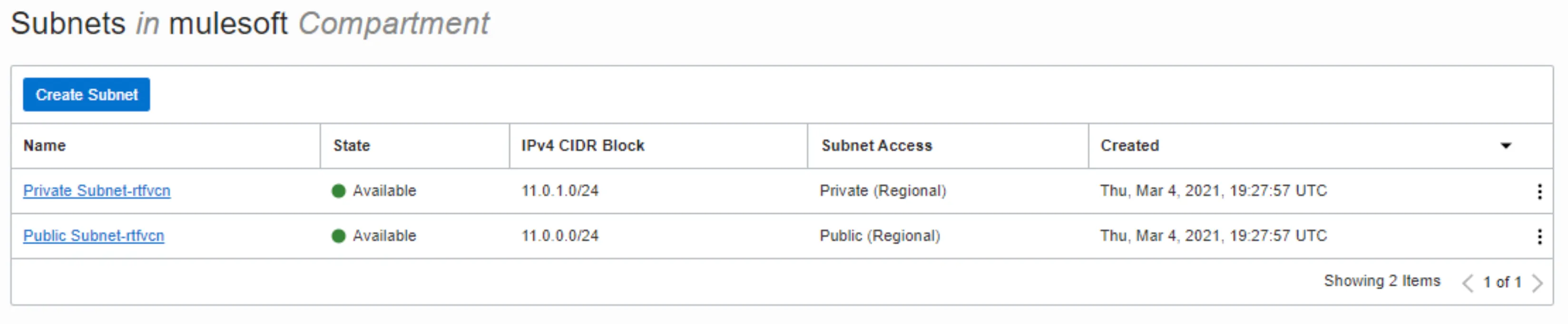 OCI Subnets list with a private 11.0.1.0/24 subnet and a public 11.0.0.0/24 subnet