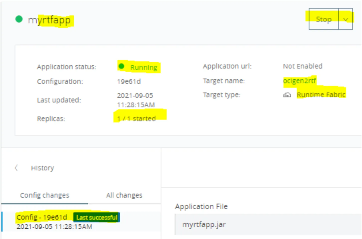 Anypoint console myrtfapp detail showing Running status, 1/1 replicas started on ocigen2rtf target