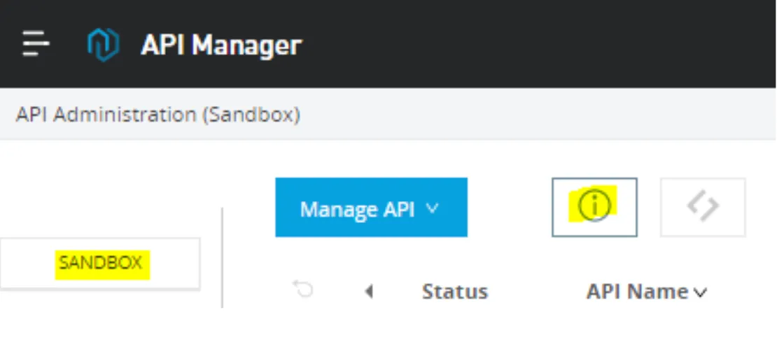 API Manager Sandbox administration with the environment-info button highlighted