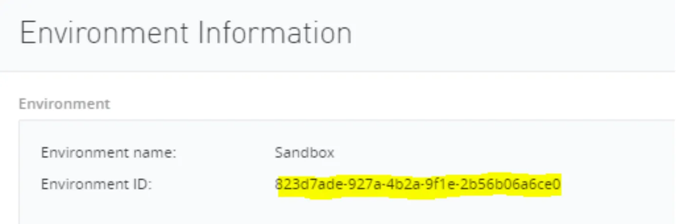 Environment Information panel showing Sandbox name and its environment ID matching the namespace