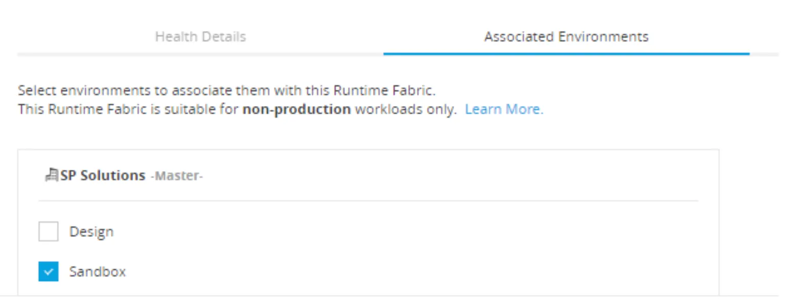 RTF Associated Environments tab with Sandbox checked to associate it with the Runtime Fabric