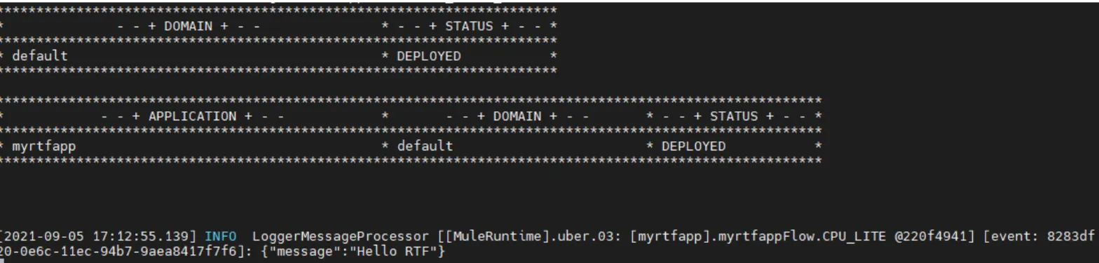 Followed log showing the Logger printing the Hello RTF payload after the curl POST request