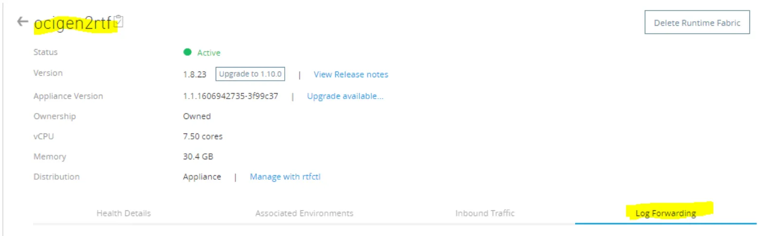 ocigen2rtf Runtime Fabric page with the Log Forwarding tab highlighted