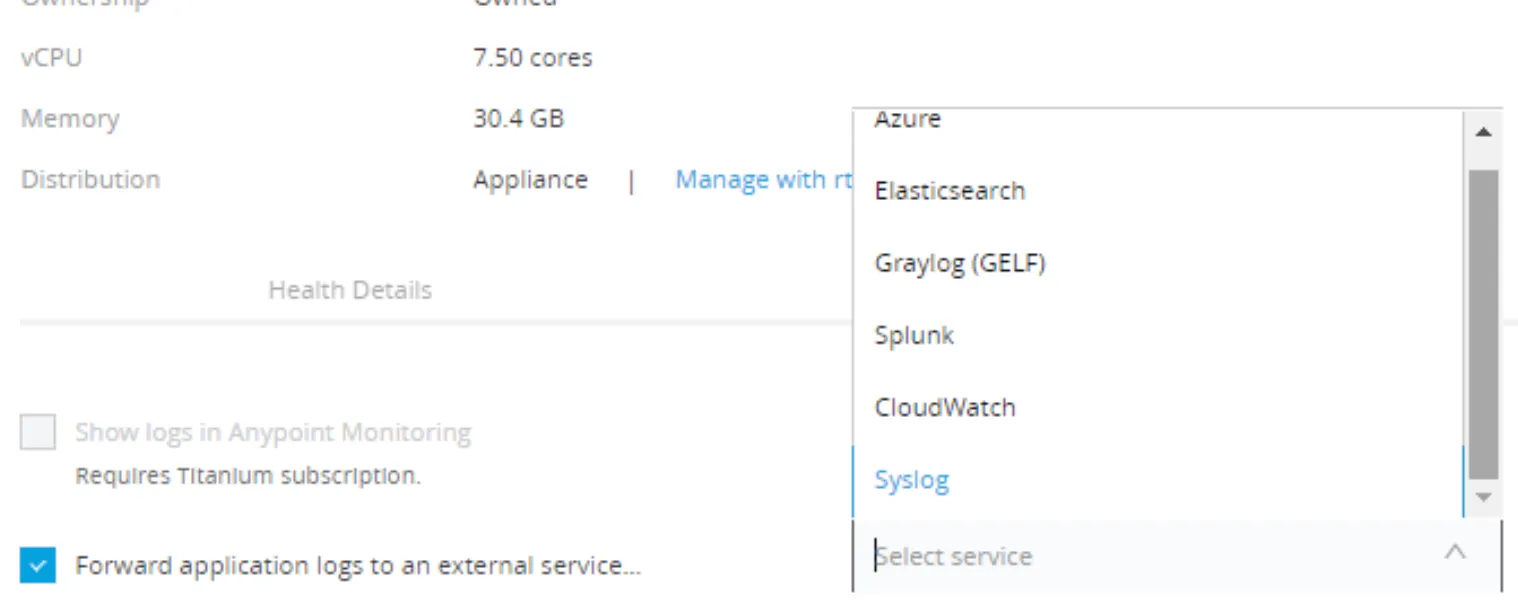 Log Forwarding service dropdown listing Azure, Elasticsearch, Graylog, Splunk, CloudWatch and Syslog