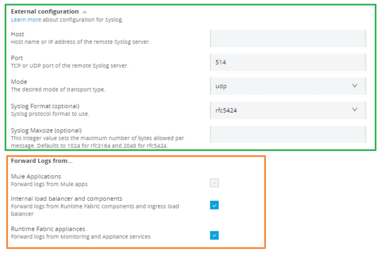 Syslog external configuration form (host, port, udp mode, rfc5424) and which logs to forward