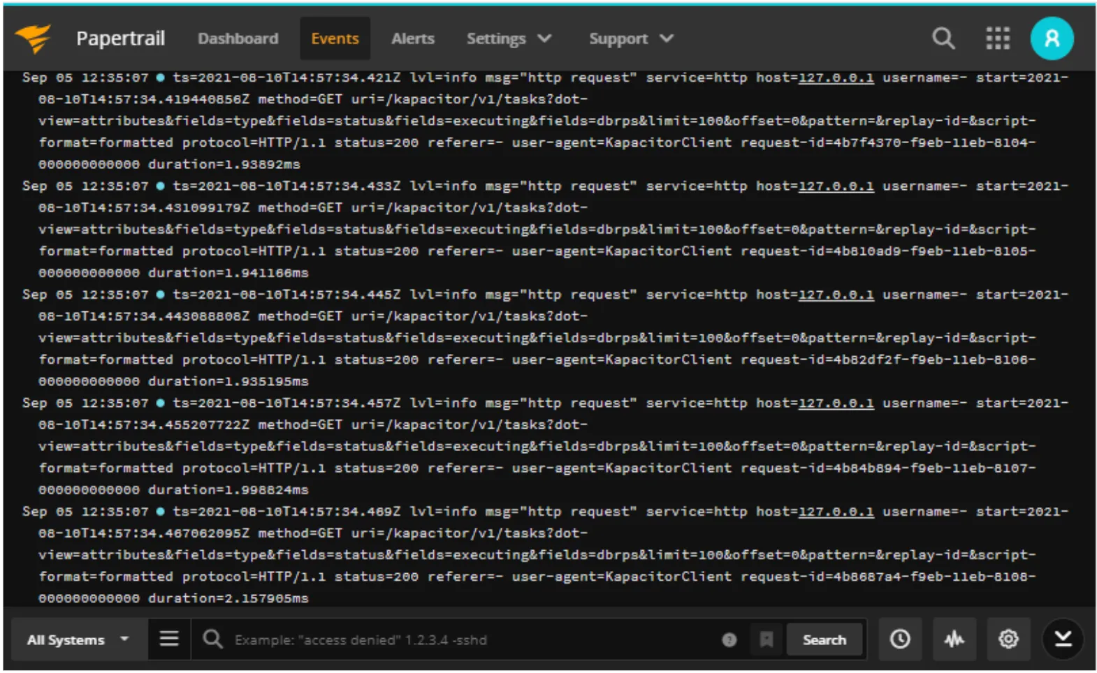Papertrail Events view streaming incoming RTF platform log entries