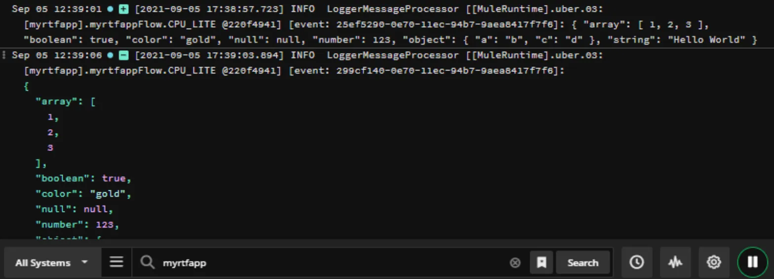 Papertrail showing myrtfapp Logger output with the JSON payload forwarded via Syslog