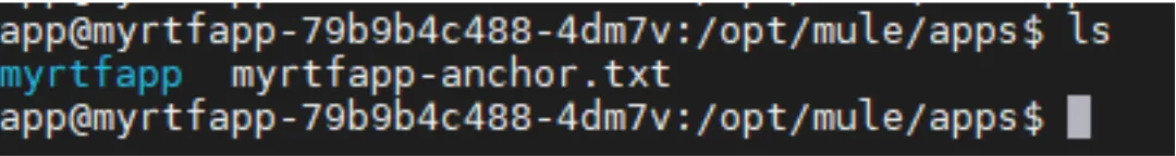 ls of /opt/mule/apps inside the pod listing the myrtfapp deployment and its anchor file