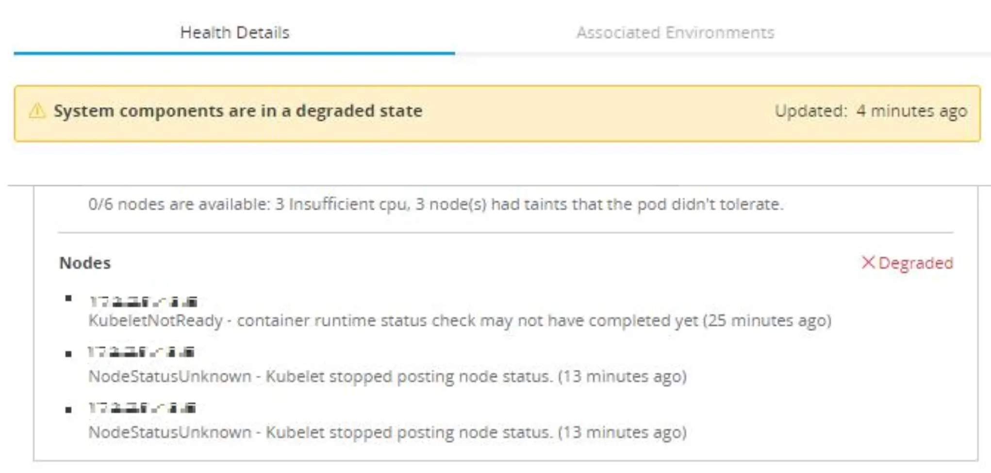 Degraded cluster health detail warning that system components are degraded with failing nodes