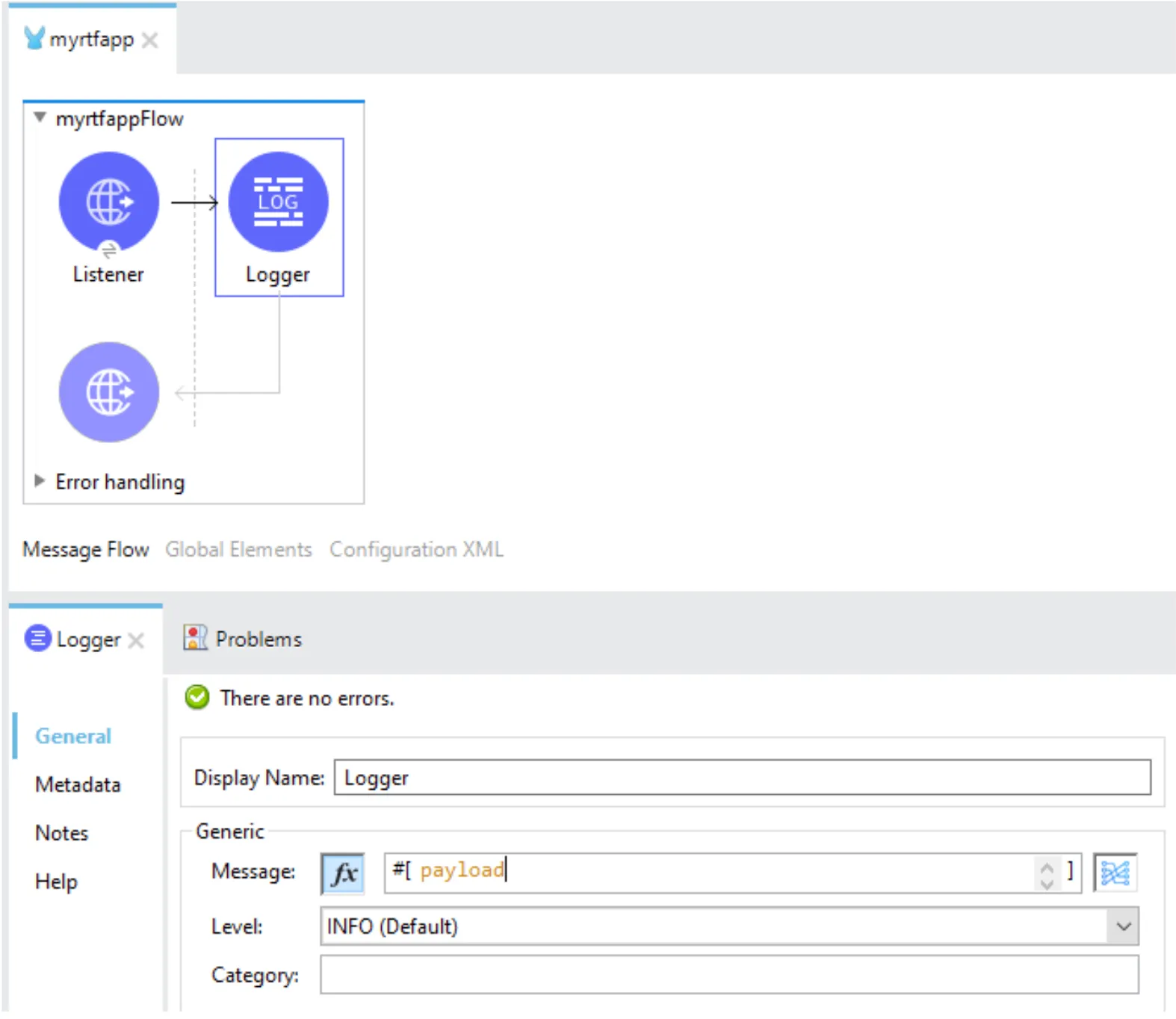 Anypoint Studio myrtfapp flow with Listener and Logger, Logger message set to payload