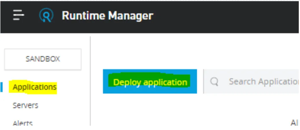 Runtime Manager Applications view highlighting the Deploy application button