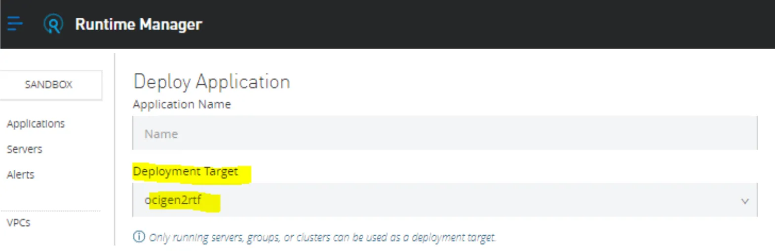 Deploy Application form selecting the ocigen2rtf Runtime Fabric as deployment target