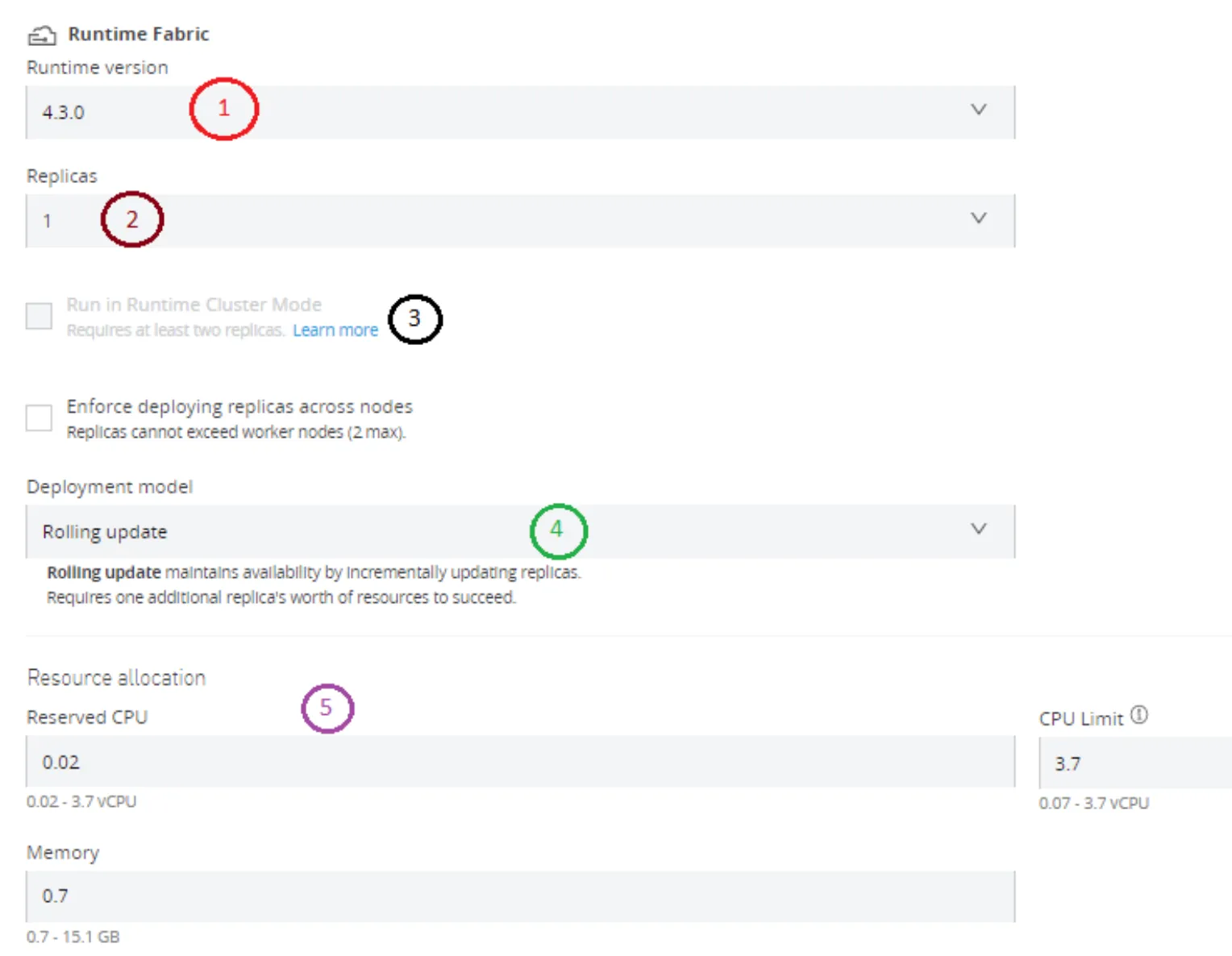 RTF deployment options: runtime version, replicas, cluster mode, rolling update and resource allocation