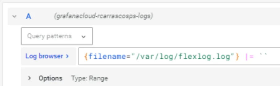 LogQL query in the Log browser filtering on filename equals /var/log/flexlog.log