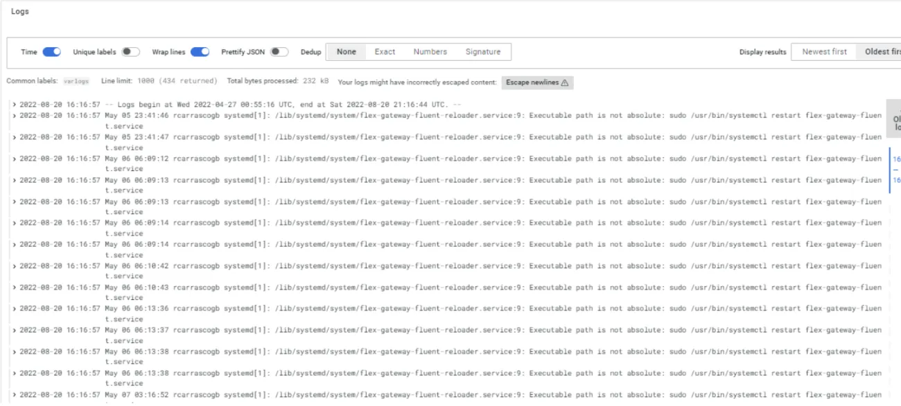 Grafana Explore showing the Flex Gateway log lines and volume graph returned by the query
