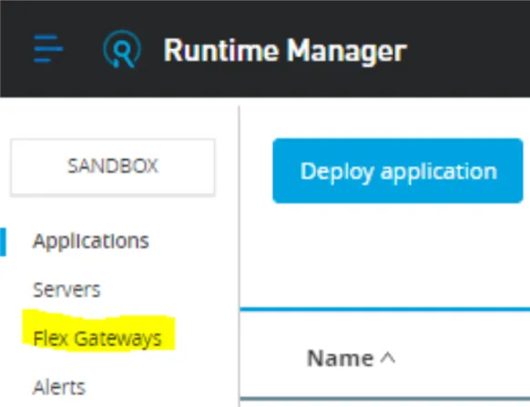 Runtime Manager left menu with the Flex Gateways item highlighted