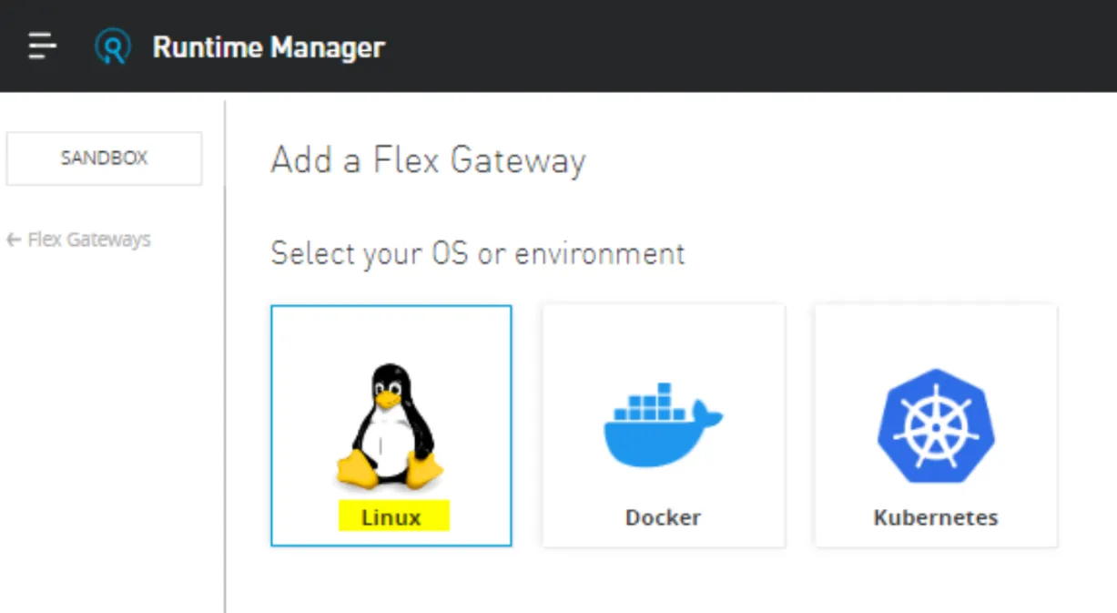 Add a Flex Gateway OS picker with Linux, Docker and Kubernetes options, Linux selected