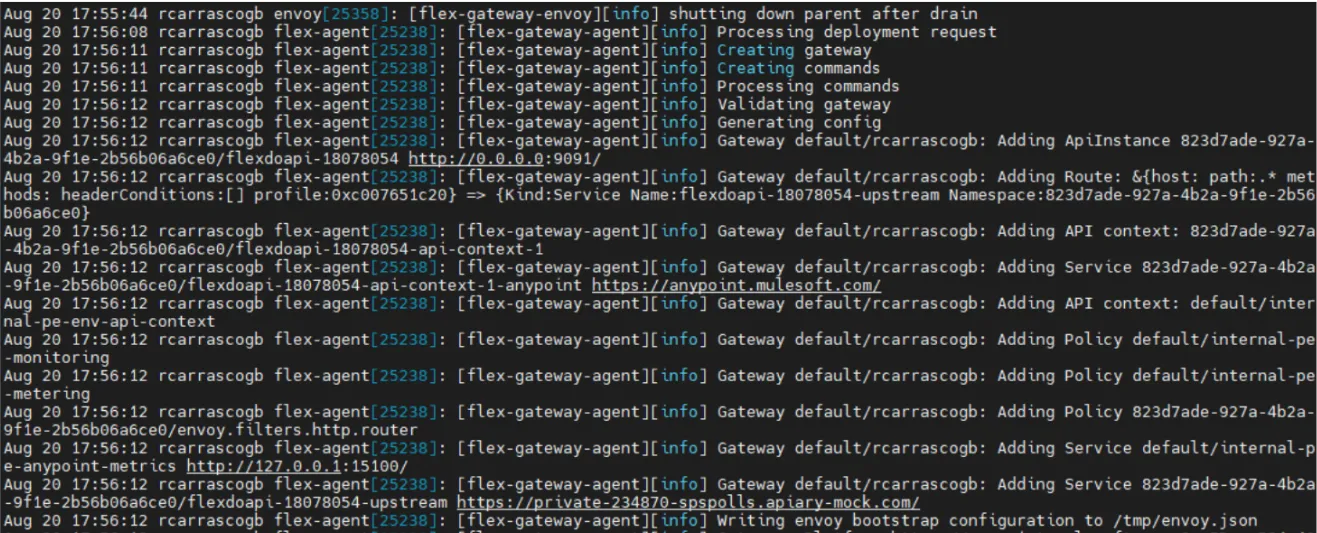 Flex Gateway agent log lines captured from journalctl into the flexlog.log file