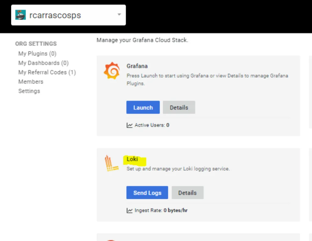 Grafana Cloud Stack console with Grafana Launch and a highlighted Loki Send Logs button