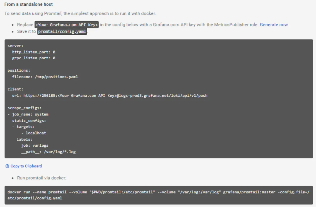 Grafana Promtail setup instructions showing the config.yaml and the docker run command