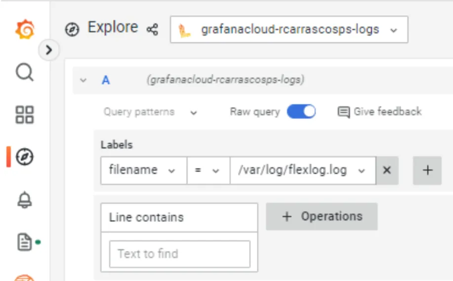 Grafana Explore query builder with the Loki logs data source and a filename label filter