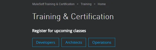 MuleSoft Training and Certification page with Developers, Architects, Operations options