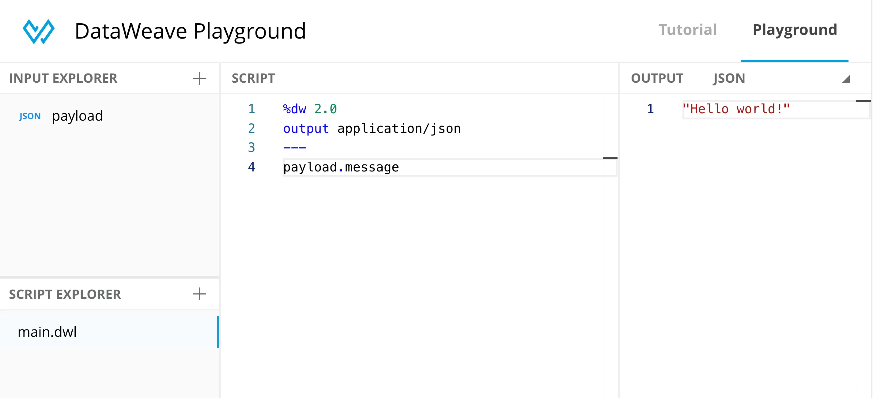 DataWeave Playground web interface with input explorer, script editor, and JSON output panels