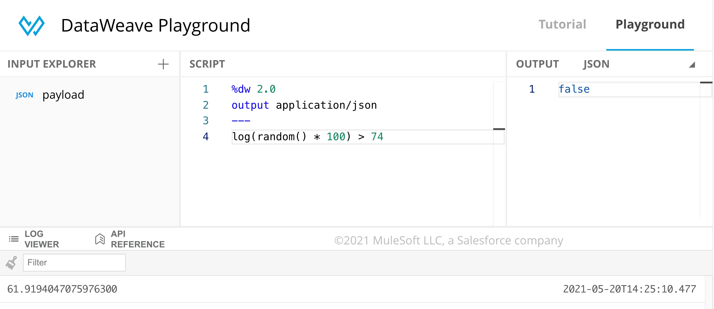 DataWeave Playground log viewer showing the random number 61.91 logged below the script