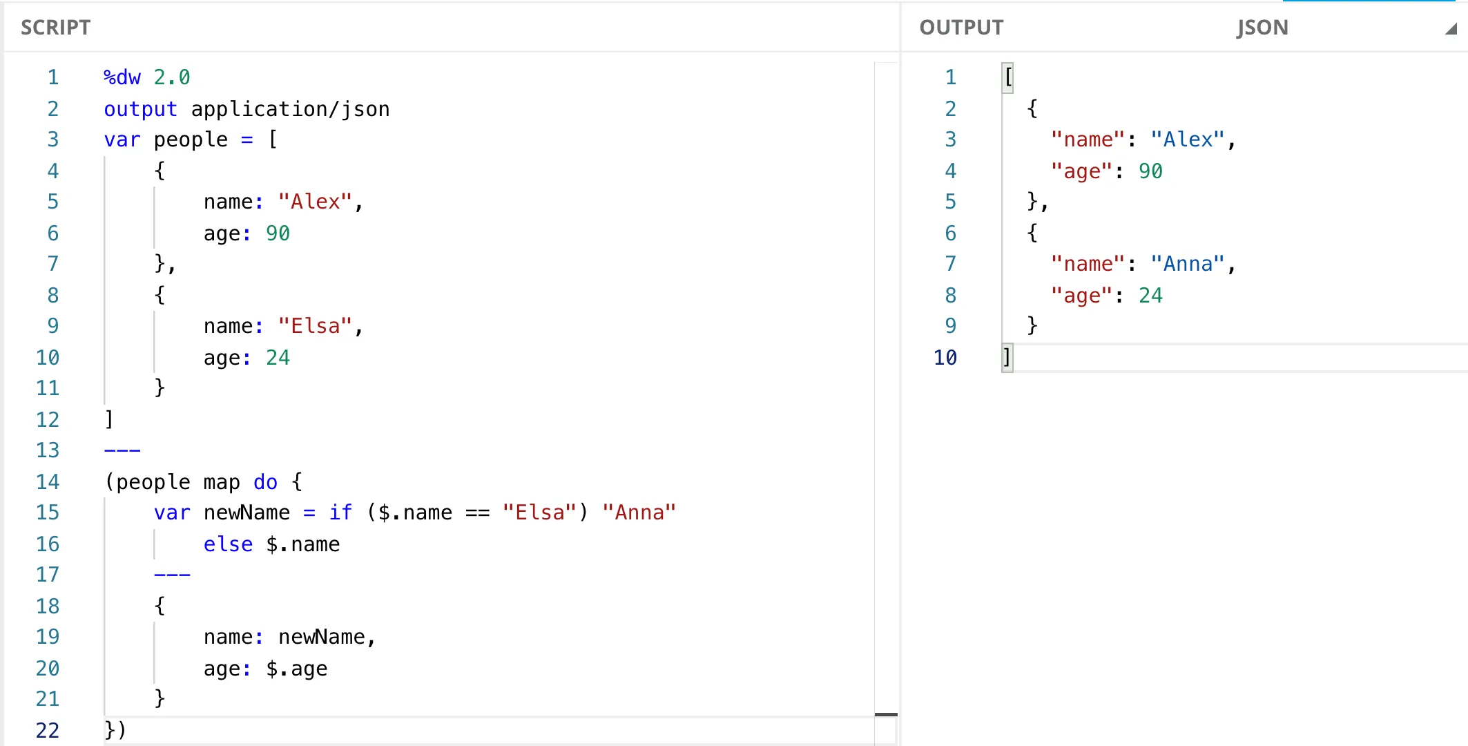 DataWeave Playground running the given script and showing the transformed output.