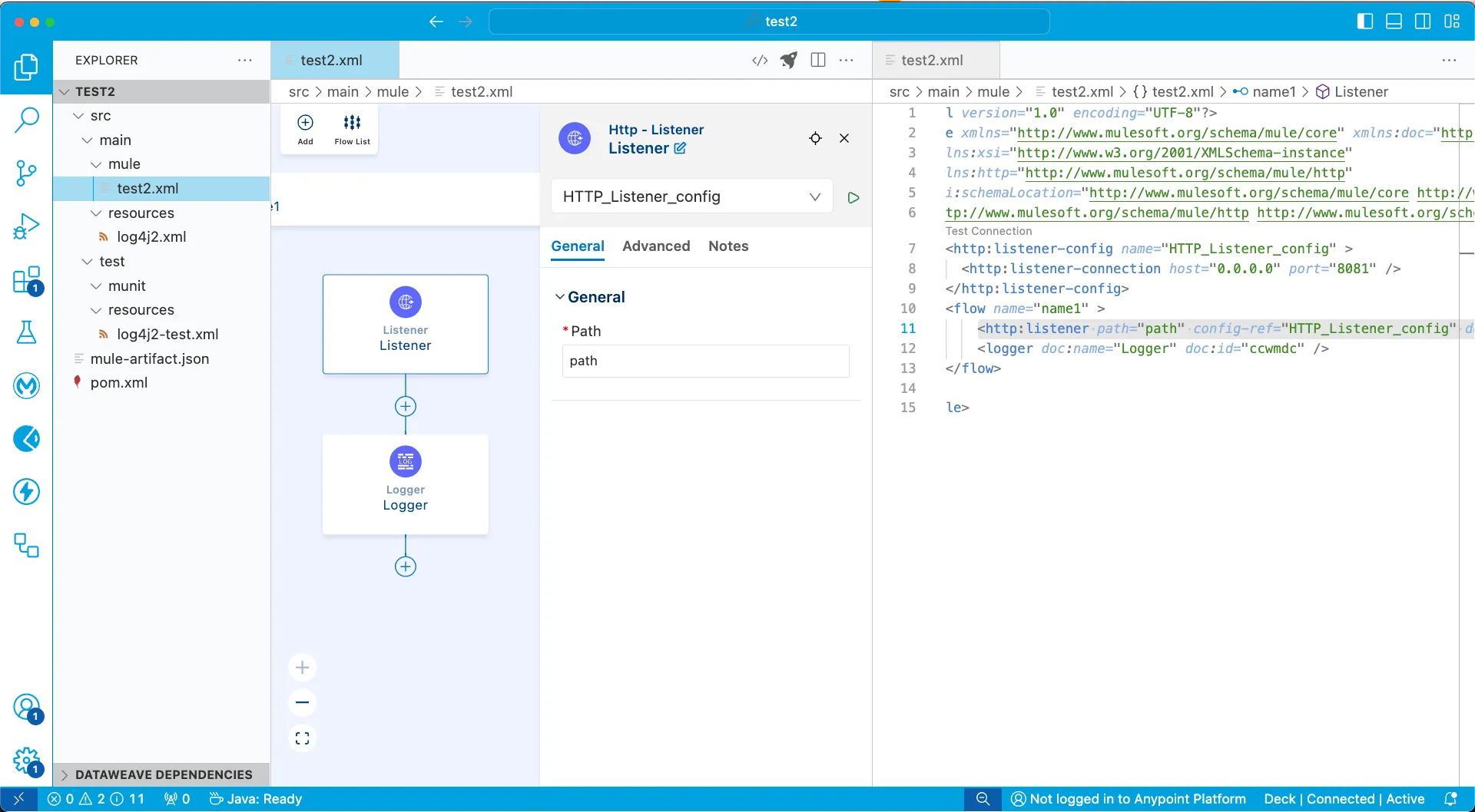 Anypoint Code Builder editing a Mule XML flow with the HTTP Listener config panel and code view, themed in MuleSoft colors