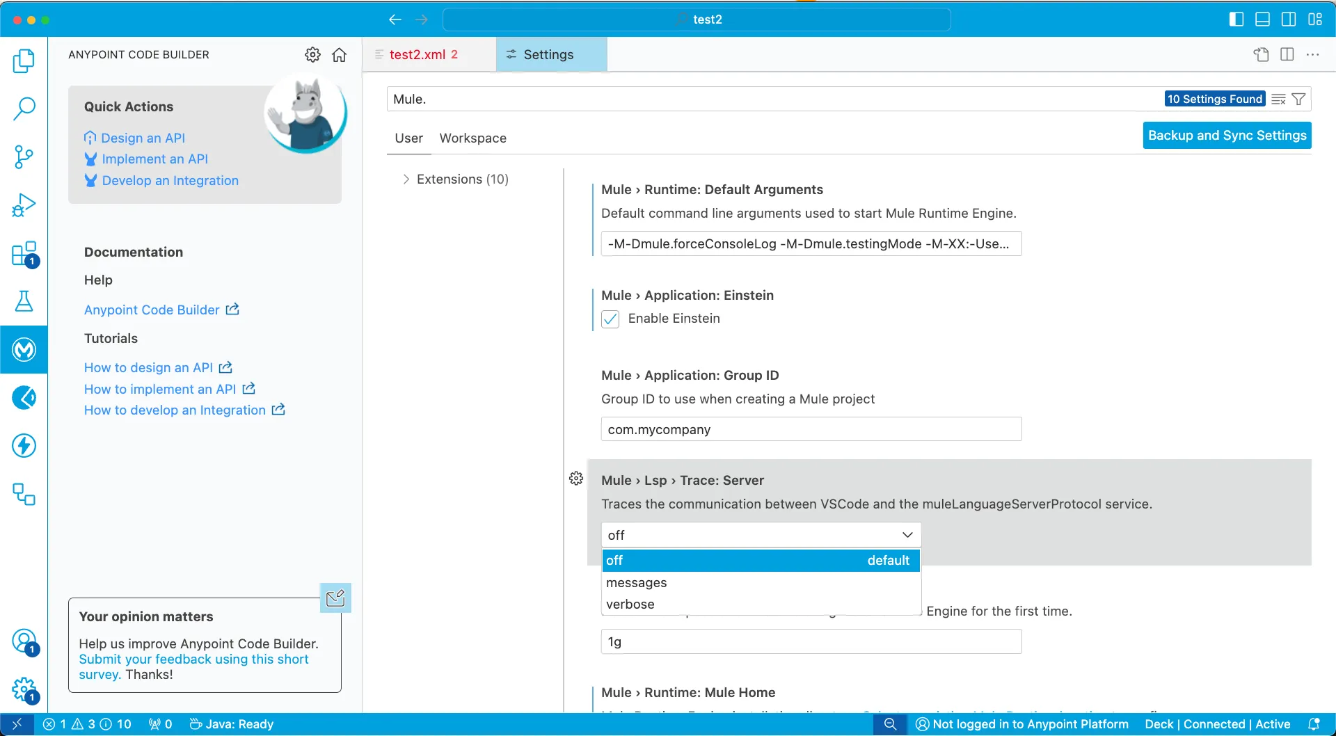 Anypoint Code Builder Settings page showing Mule runtime and Language Server options in the MuleSoft theme