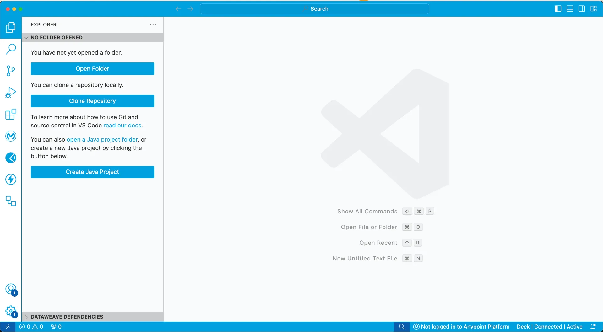 Visual Studio Code welcome screen with no folder opened, showing the MuleSoft community theme colors