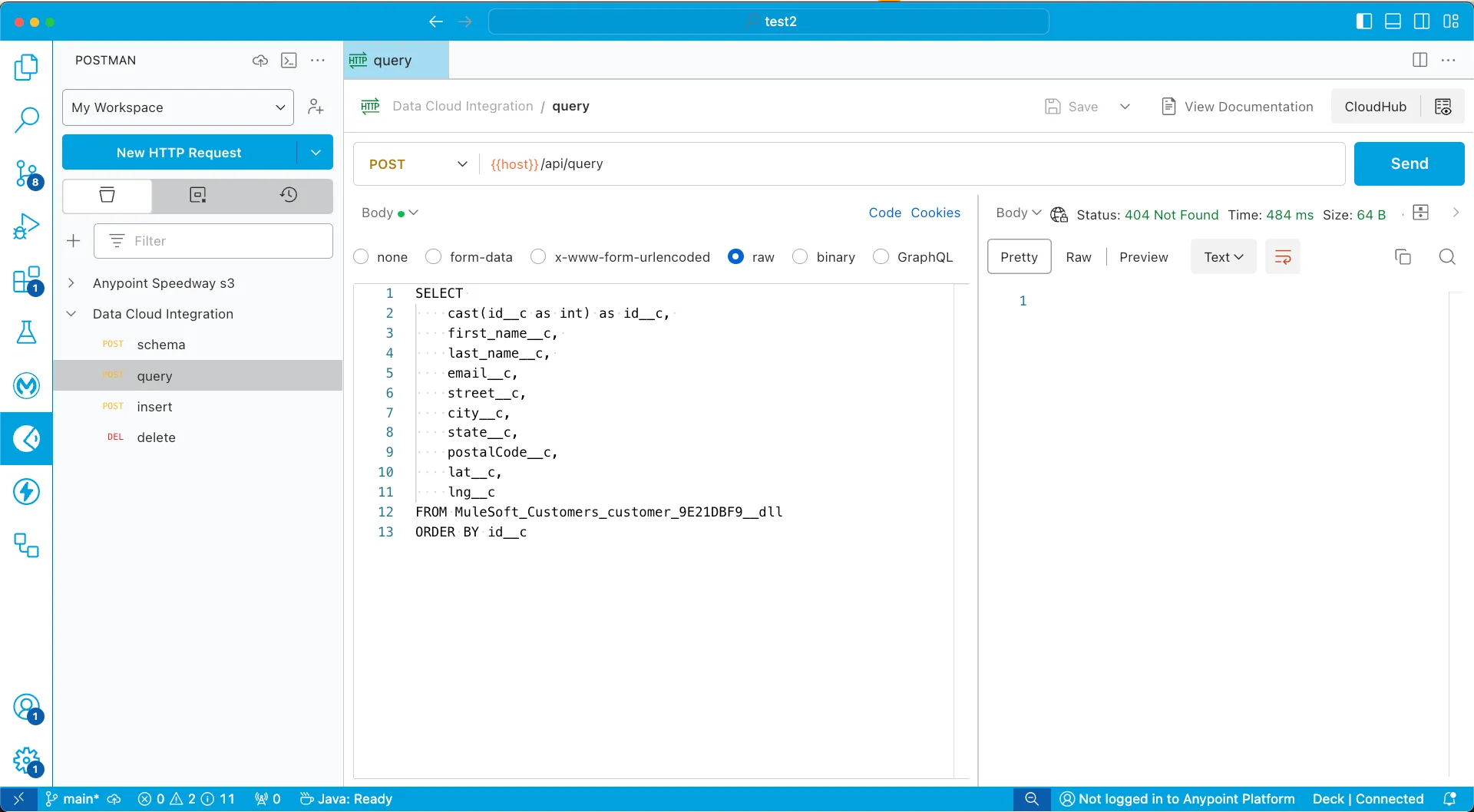 Postman running inside VS Code with a Data Cloud SQL query, themed with the MuleSoft palette
