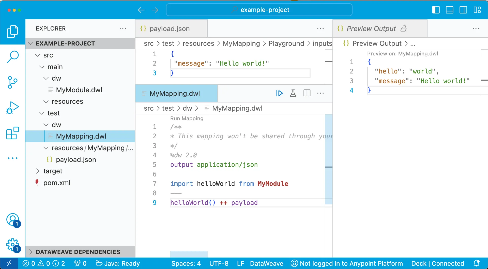 A DataWeave mapping project in VS Code with payload, MyMapping script, and Preview Output panels in the MuleSoft theme