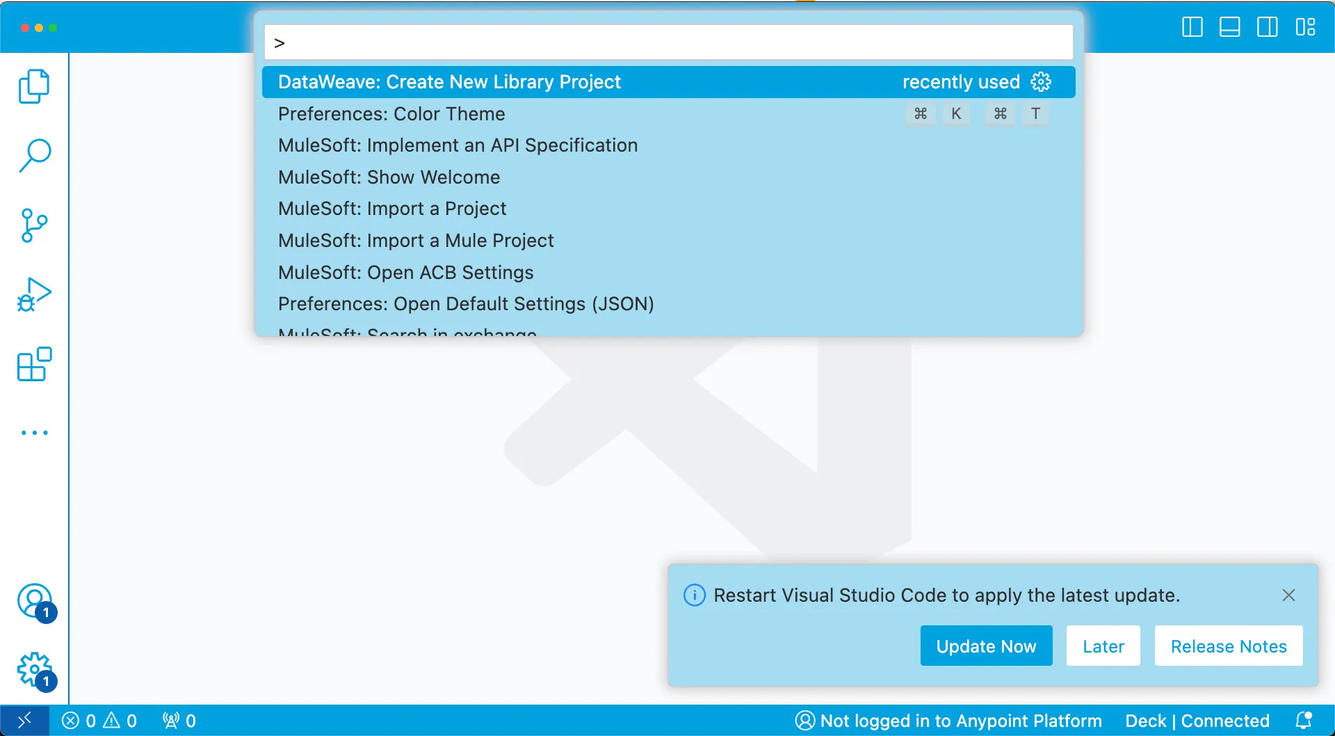 VS Code command palette listing DataWeave and MuleSoft commands, in the MuleSoft community theme