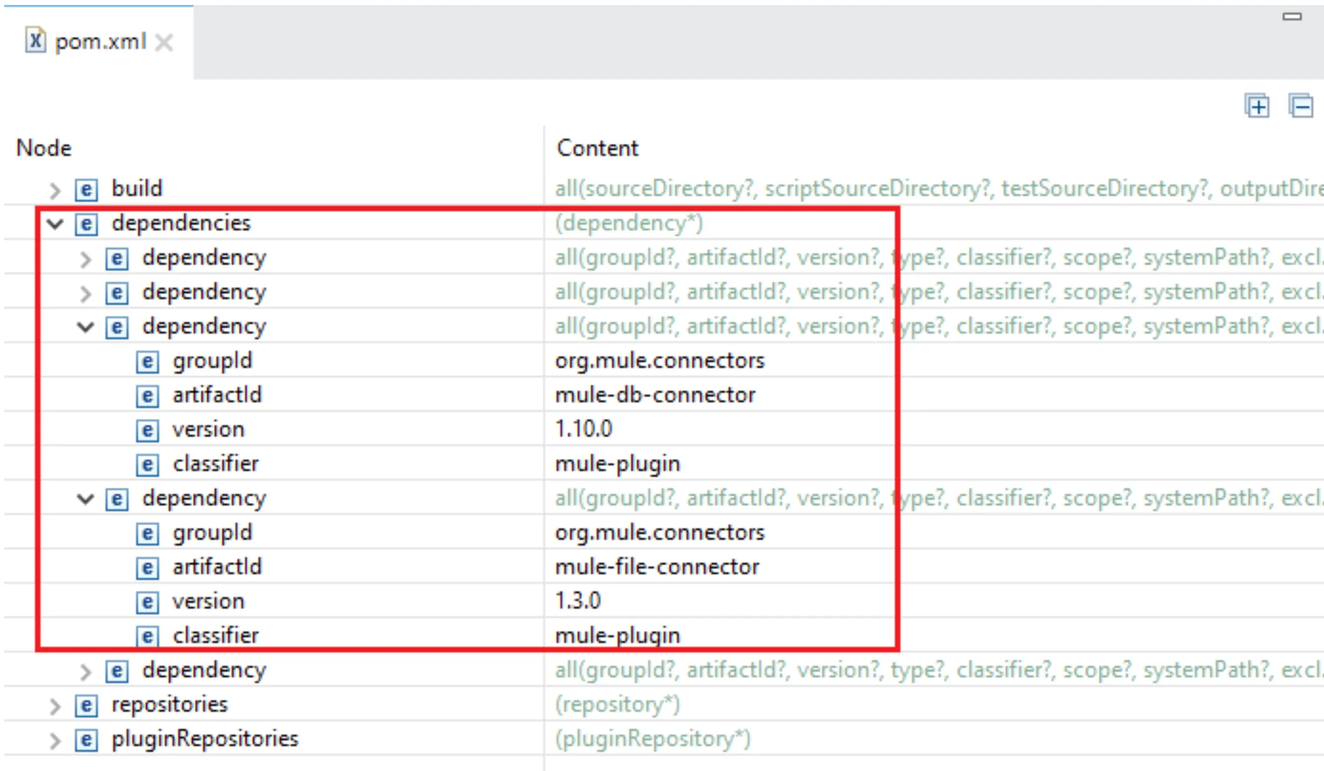 pom.xml dependencies showing the Database connector 1.10.0 and File connector 1.3.0