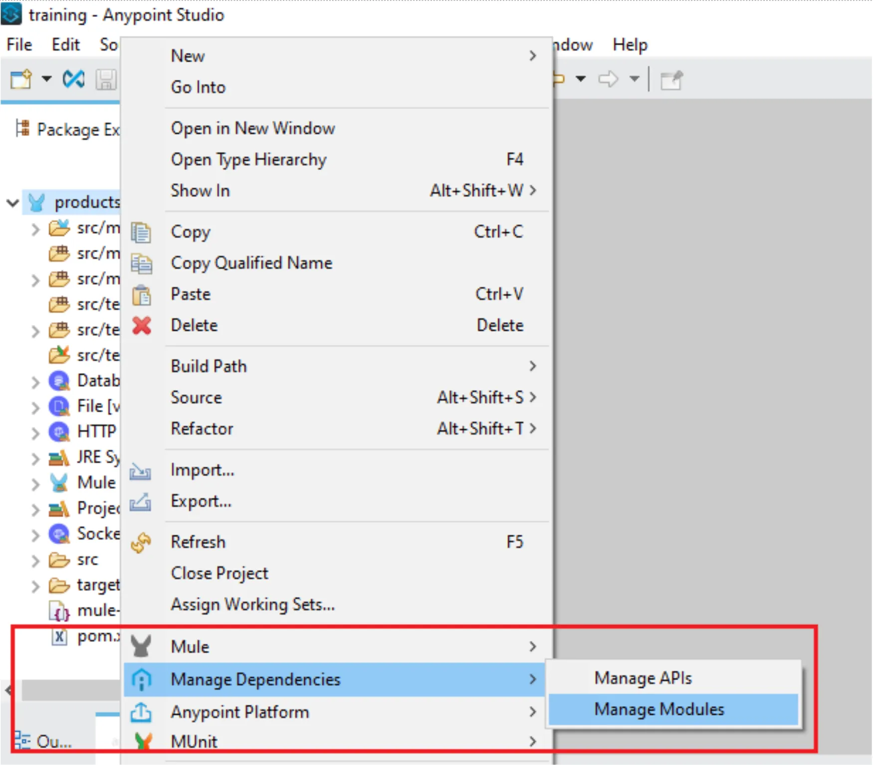 Studio right-click project menu with Manage Dependencies then Manage Modules highlighted