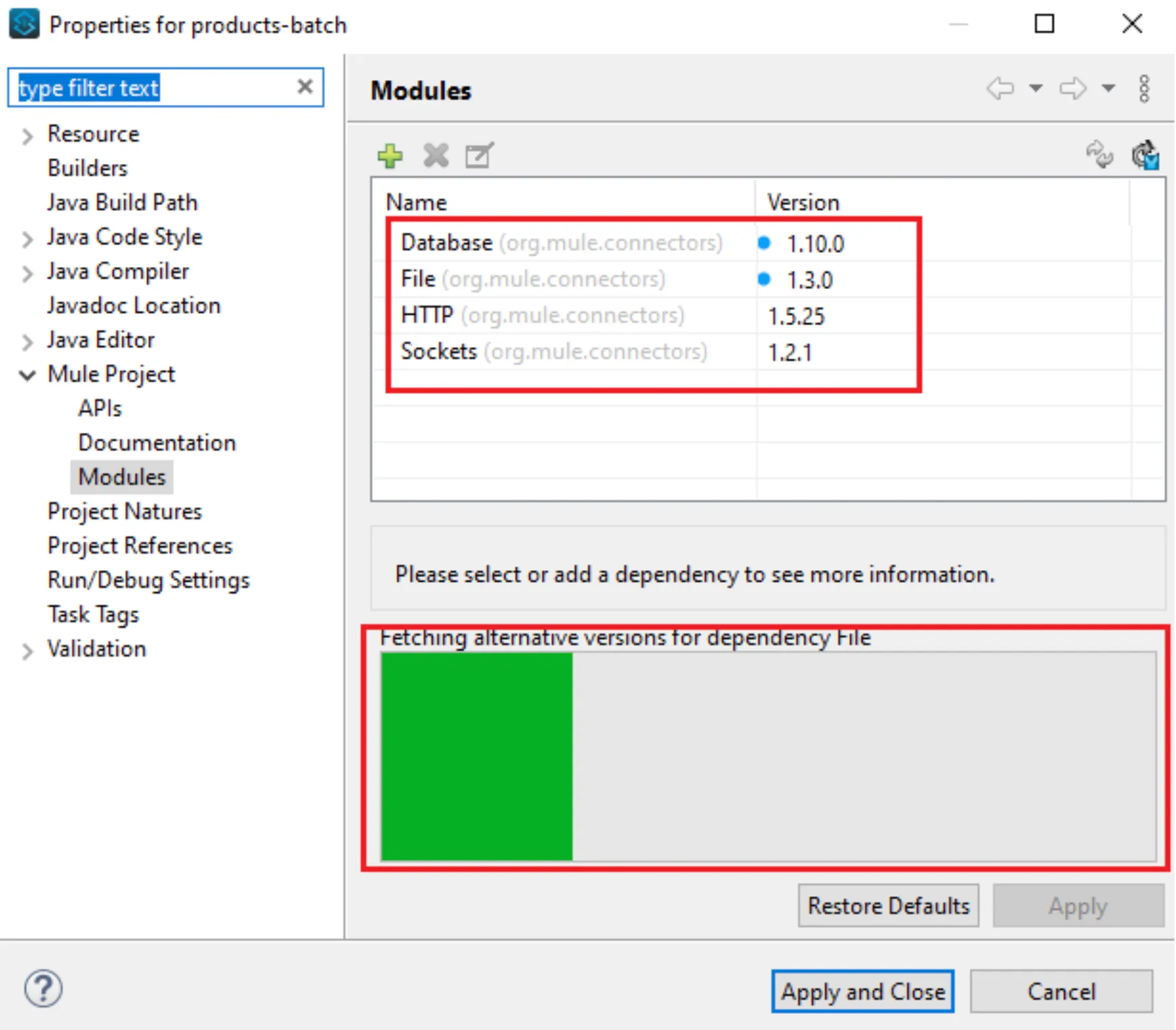 Modules properties listing connectors with blue update dots while fetching alternative versions